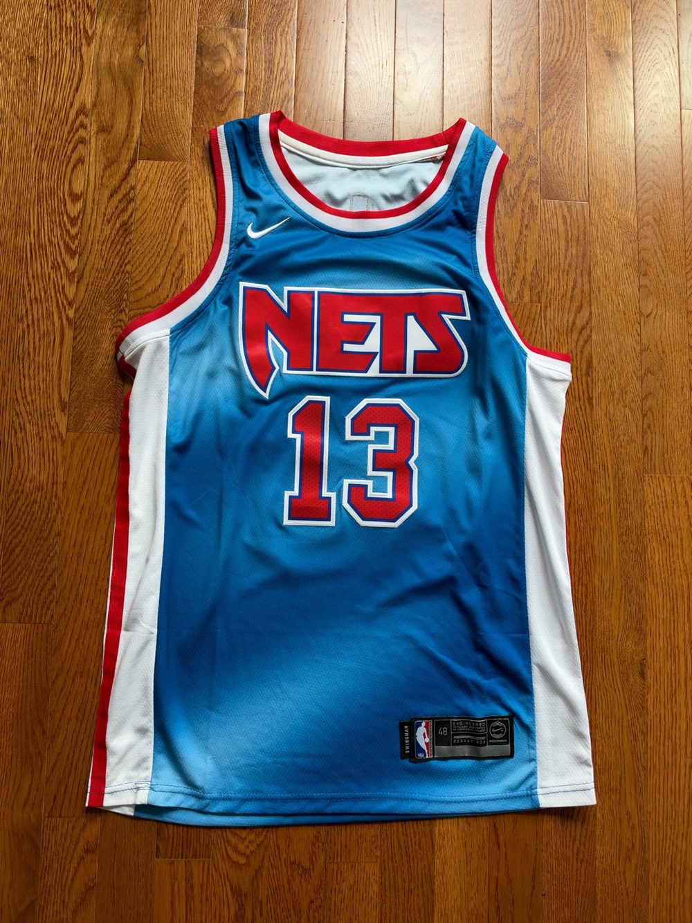 Nike Blue, White & Red Nets #13 Basketball Jersey